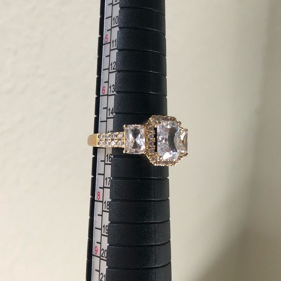 Gold emerald cut 3 stone Halo sterling silver ring - Picture 8 of 11